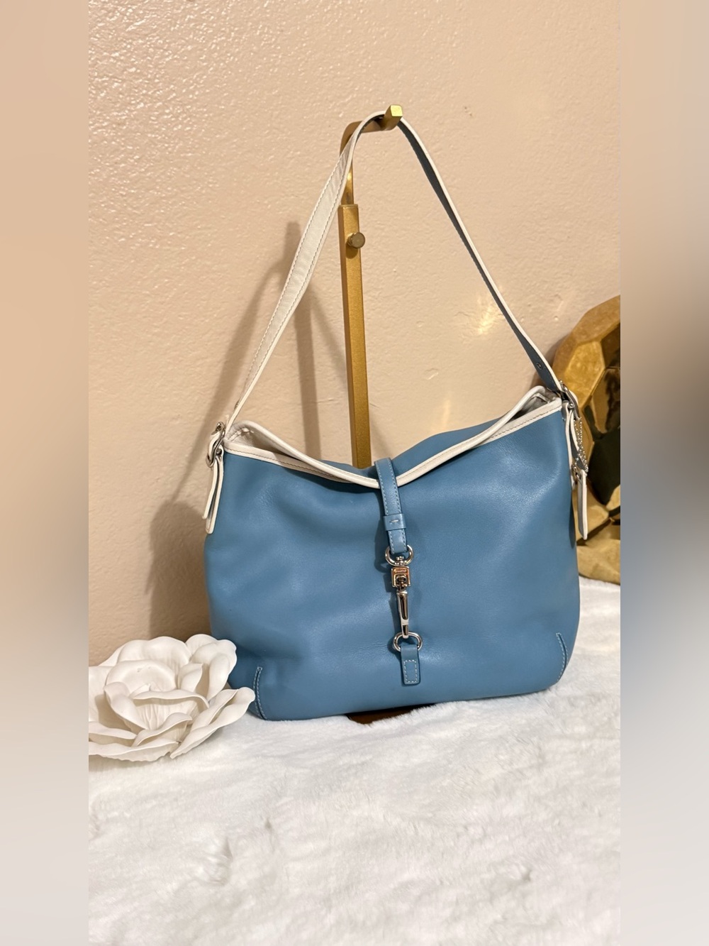 Coach Blue Leather Shoulder Bag with White Trim